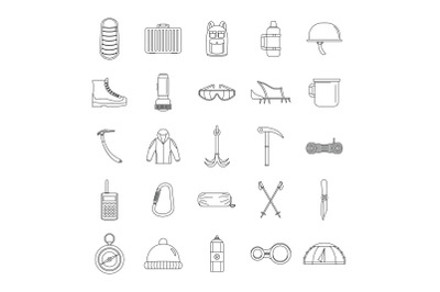 Mountaineering equipment icons set, outline style