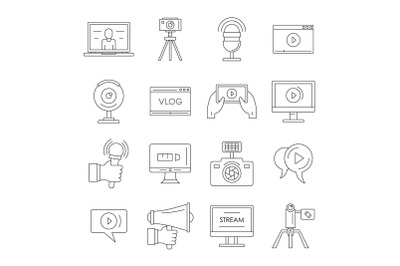 Vlog video channel logo icons set, outline style