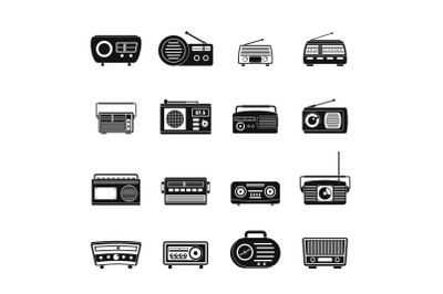 Radio music old device icons set, simple style