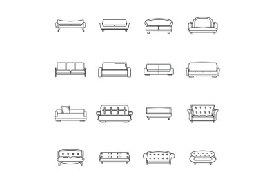 Sofa chair room couch icons set, outline style