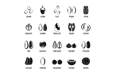 Nut types with signed names icons set simple style