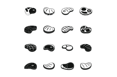 Steak dinner grilled beef icons set, simple style