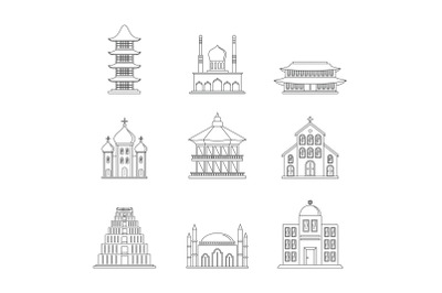 Temple tower castle icons set outline style