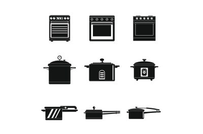 Cooker oven stove pan icons set simple style