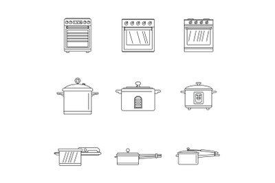 Cooker oven stove pan icons set outline style