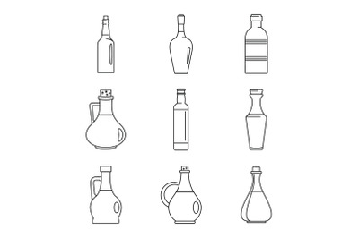 Vinegar bottle icons set, outline style