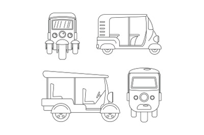 Tuk rickshaw Thailand icons set, outline style