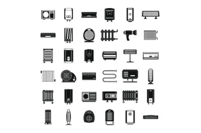 Electric heater device icons set, simple style