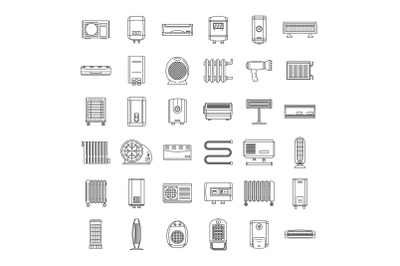 Electric heater device icons set, outline style