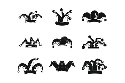 Jester fools hat icons set, simple style