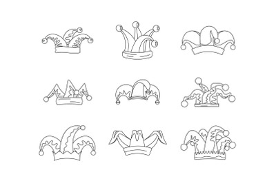 Jester fools hat icons set, outline style