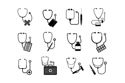 Phonendoscope stethoscope icons set, simple style
