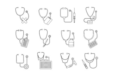 Phonendoscope stethoscope icons set, outline style