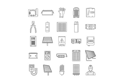 Solar energy equipment icons set, outline style