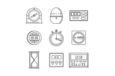 Kitchen timer icons set, outline style