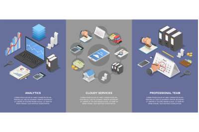 Taxes accounting money banner set, isometric style