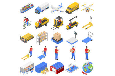 Logistic delivery icons set, isometric style