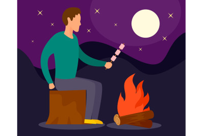 Man at camp fire in night background, flat style