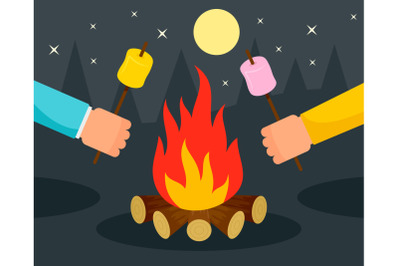 Hand with marshmallow at camp fire background, flat style