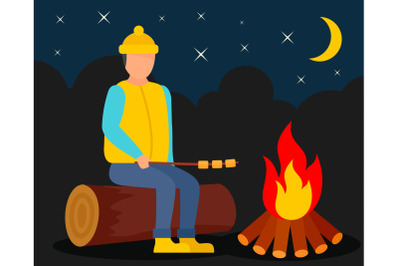 Boy at camp fire background, flat style