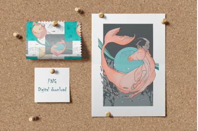 Poster Fish Horse. Seamless Pattern, Digital Paper. PNG
