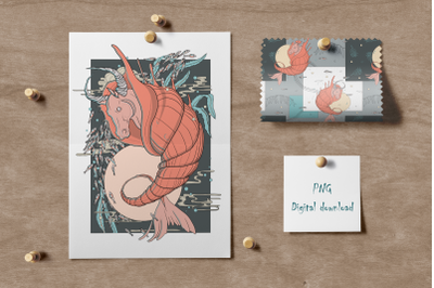 Poster Shrimp Horse. Seamless Pattern, Digital Paper. PNG