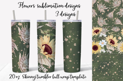 Sunflowers sublimation design. Skinny tumbler wrap design.