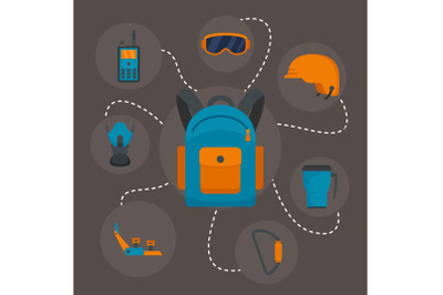 Hiking equipment background, flat style