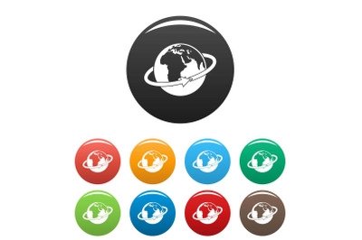 Flight around earth icons set color vector
