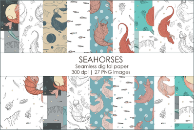 Seahorse  Seamless Patterns Set. Sublimation Nautical Art.