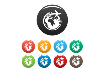 Plane on earth icons set color vector