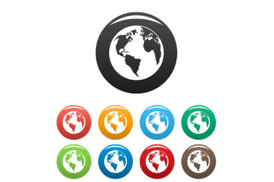 Continent on planet icons set color vector