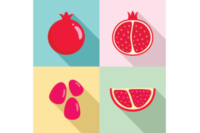 Pomegranate juice seeds icons set, flat style