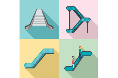 Escalator elevator icons set, flat style