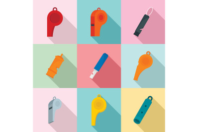 Whistle coaching blow icons set, flat style