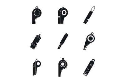 Whistle coaching blow icons set, simple style