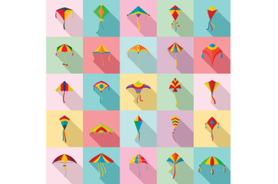 Kite flying festival surf icons set, flat style