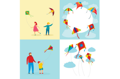 Kite flying surf banner concept set, flat style