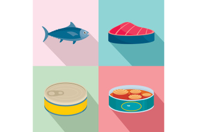 Tuna fish can steak icons set, flat style