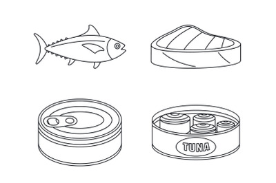 Tuna fish can steak icons set, outline style