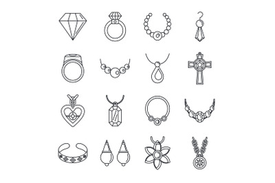 Jewellery necklace luxury icons set, outline style