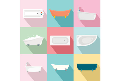 Bathtub interior icons set, flat style