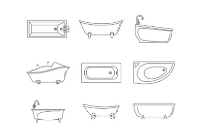 Bathtub interior icons set, outline style