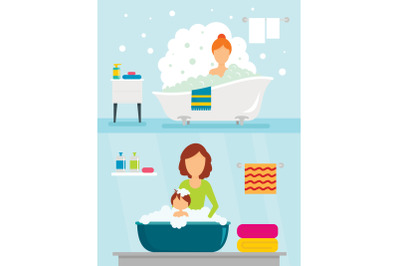 Bathtub bathe woman banner concept set, flat style