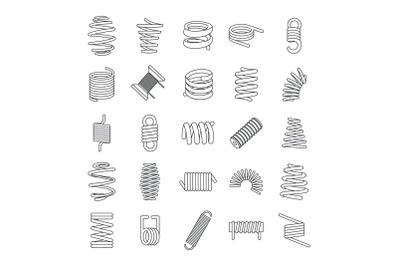 Coil spring cable icons set, outline style