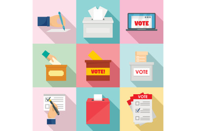 Ballot voting box vote icons set, flat style