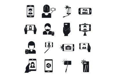 Selfie video photo people icons set, simple style