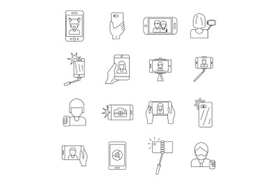 Selfie video photo people icons set, outline style