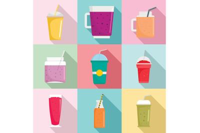 Smoothie fruit juice icons set, flat style