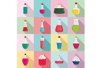 Potion magic bottle icons set, flat style